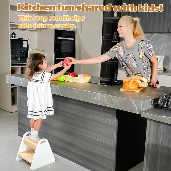 Toddler Step Stool 2-Step Wooden w/ Handles | Kids Bathroom Kitchen Helper White - Picture 5 of 7